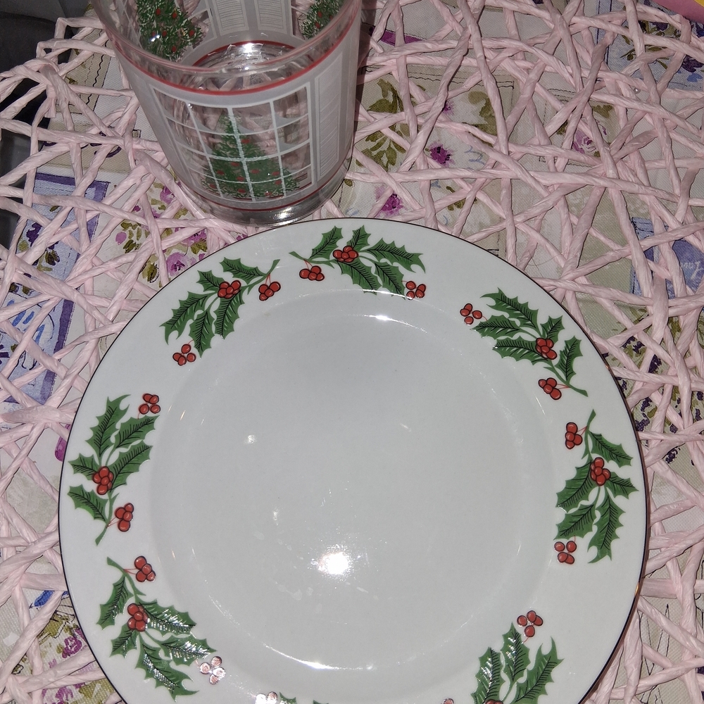 Holiday Holly Ceramic Salad Plates - White with Green & Red